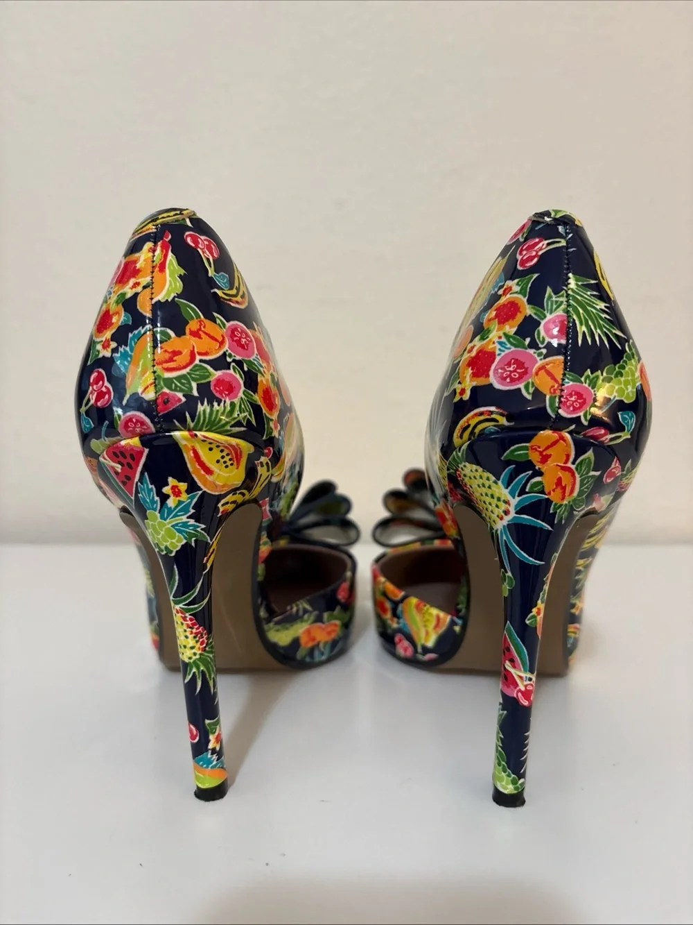 Betsey Johnson Prince Tropical Navy Floral & Fruit Bow Pointed Toe Heels